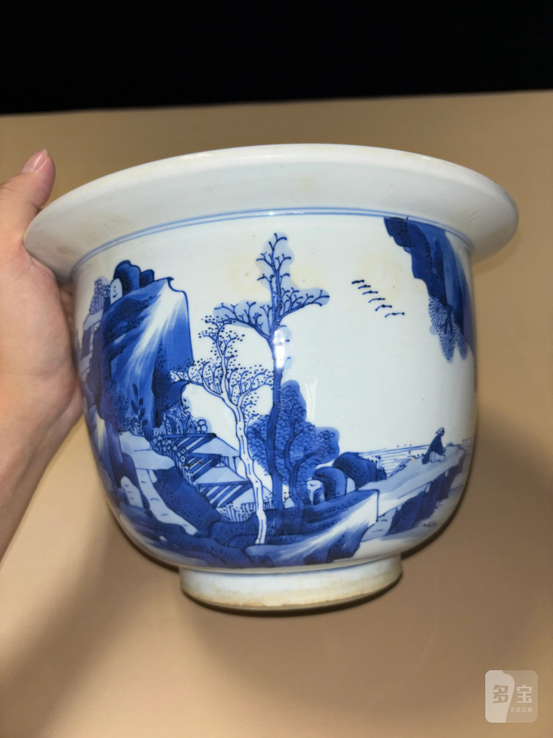 清康熙 青花山水人物纹花盆 - 图4